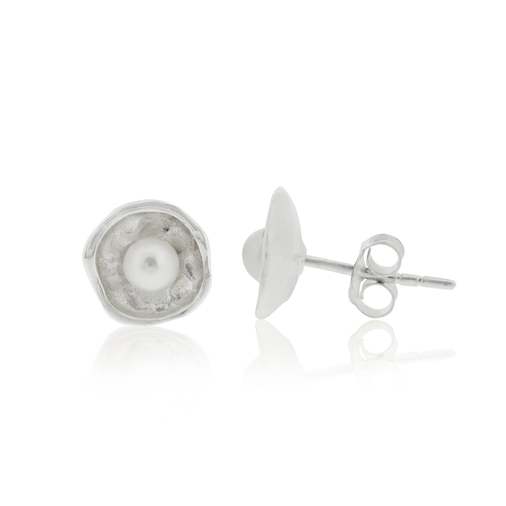 Simply Silver Concave with Pearl Stud Earrings