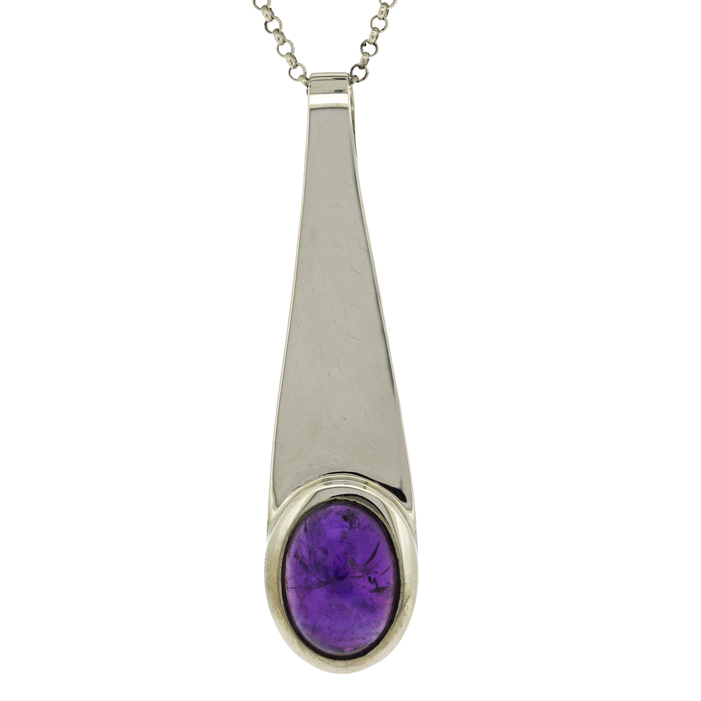 Bemine Long Silver Pendant with Oval Stone